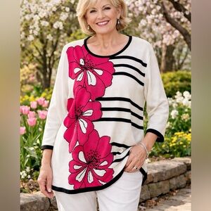 Alfred Dunner Women White Black Pink  Floral Cotton Blend Knit Sweater Size XL